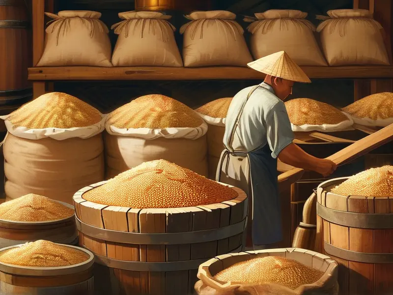 白酒酿造原料展示：高粱、玉米等粮食与酿酒工具