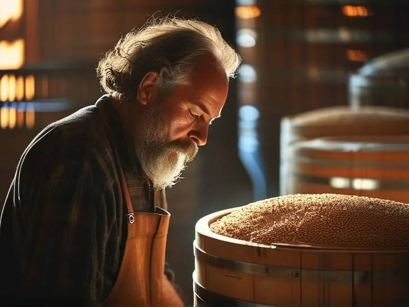 酿酒师检查发酵粮食的传统蒸馏过程