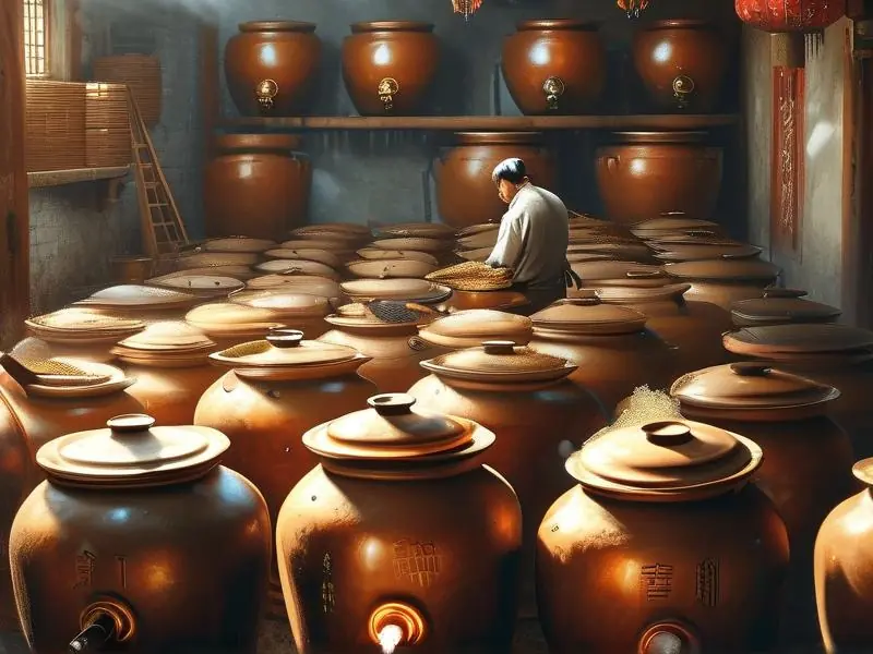 传统白酒酿造作坊展示粮食发酵过程