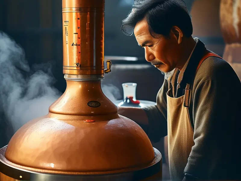 酿酒师操作传统蒸馏器进行白酒二次蒸馏过程实拍
