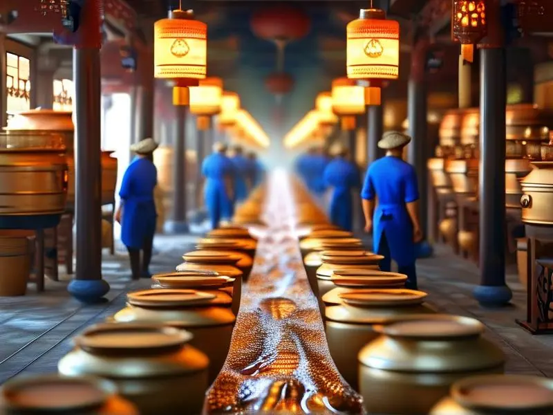 传统白酒酿造车间实景照片展示蒸馏过程