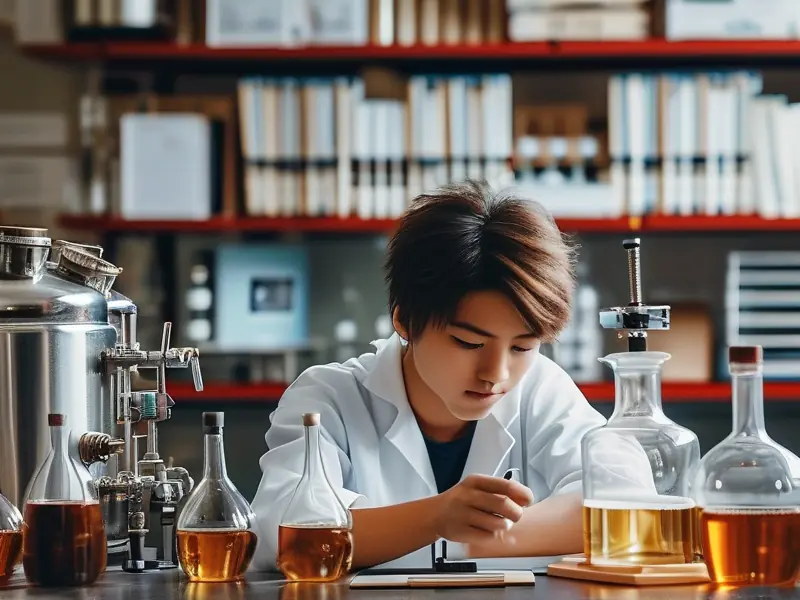 白酒酿造工程专业学生在实验室进行毕业论文研究