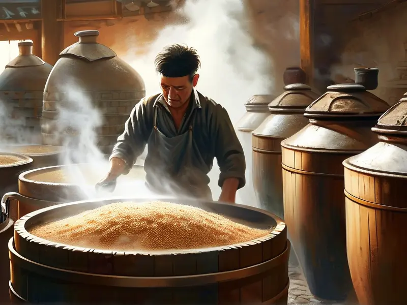 传统白酒酿造工艺现场工作图