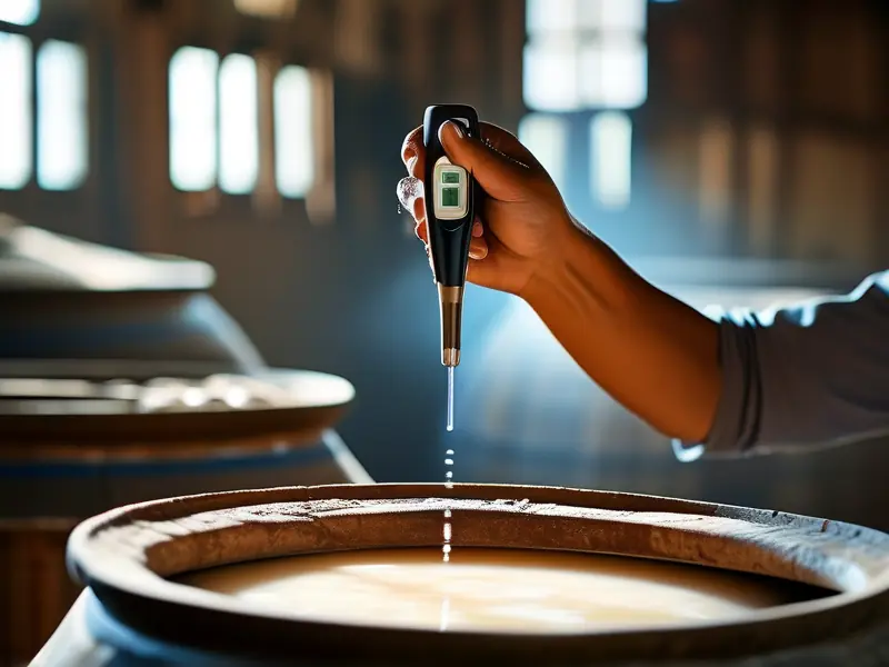 酿酒师测量白酒发酵温度的专业场景