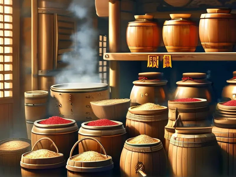 中国传统白酒酿造原料展示：高粱、大米、小麦等谷物与发酵陶缸