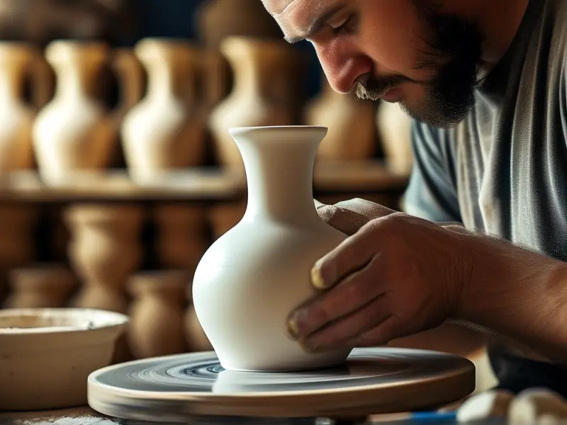 工匠在陶轮上制作白酒瓶的特写