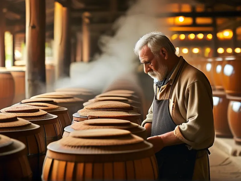 酿酒师傅检查白酒发酵原料的实景照片