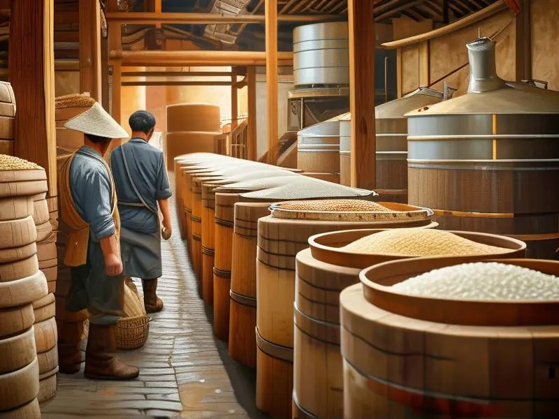 白酒酿造原料展示：高粱、大米、玉米等粮食与酿酒设备