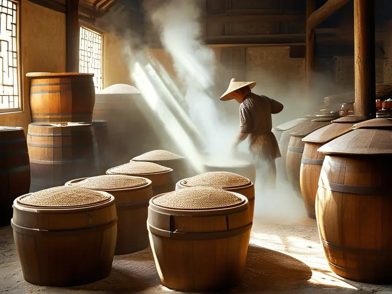 传统白酒酿造过程，工人蒸煮粮食的场景