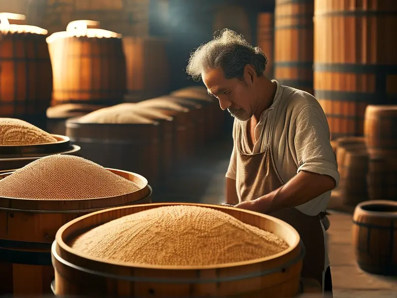 传统酿酒师傅检查粮食发酵过程