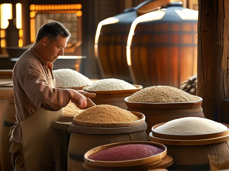 酿酒师检查高粱、玉米、大米等白酒原料