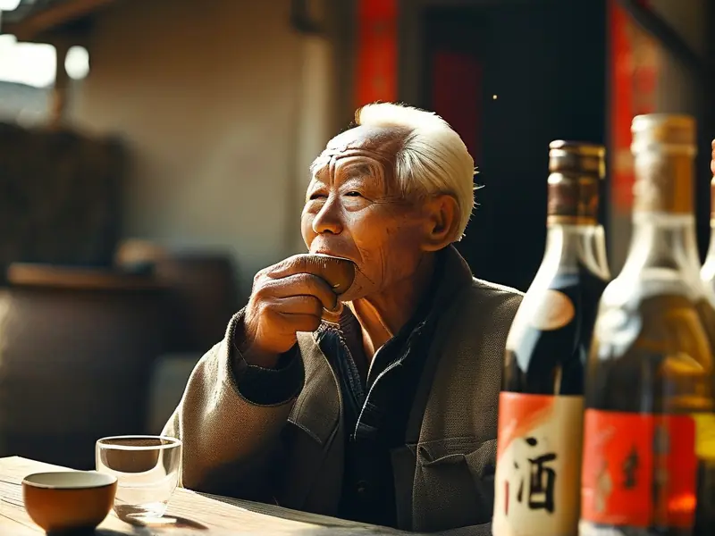农村老人品尝白酒的传统场景