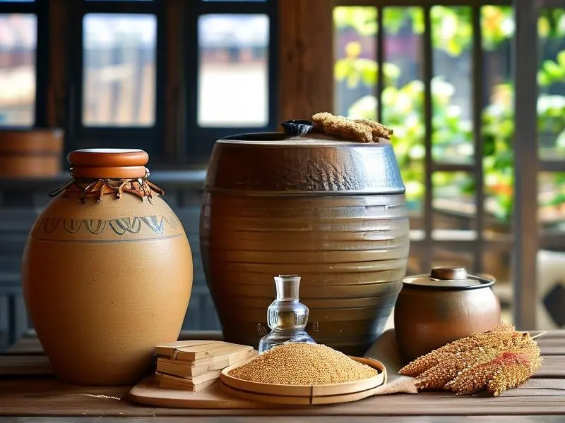 白酒自酿原料与工具全景展示图