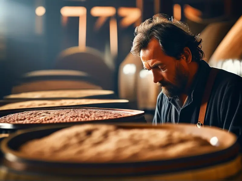 酿酒师检查半固态发酵酒醅