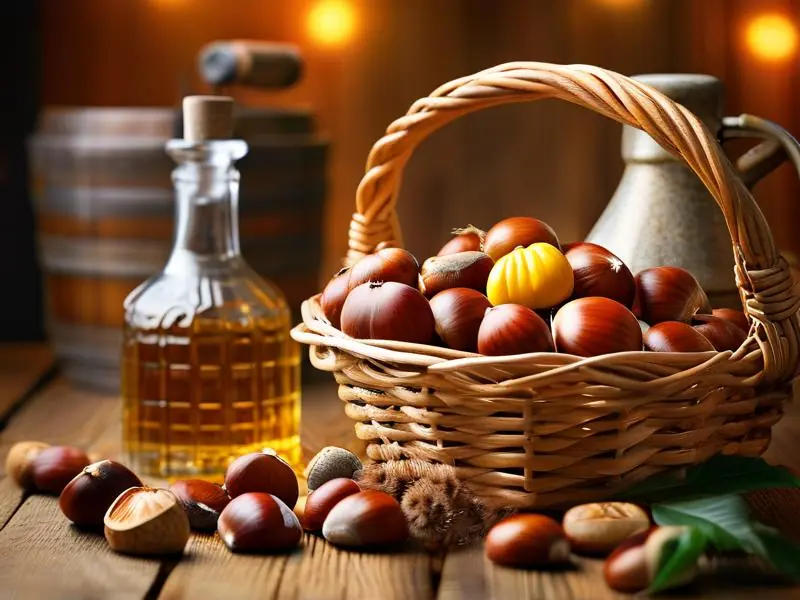 新鲜板栗和板栗酒的展示