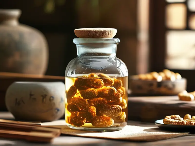 家庭自制蚕蛹泡酒原料与容器摆放示意图