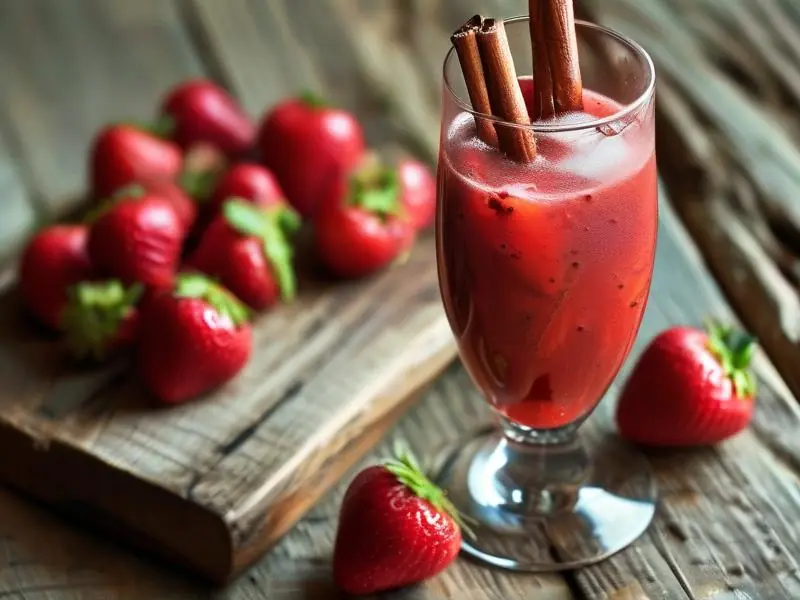 一杯鲜红的草莓酒配新鲜草莓