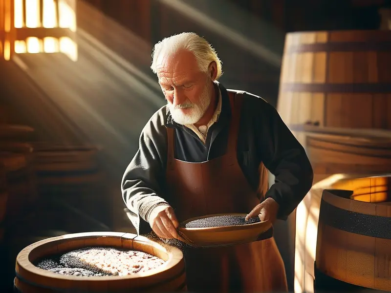 传统酿酒师检查发酵过程