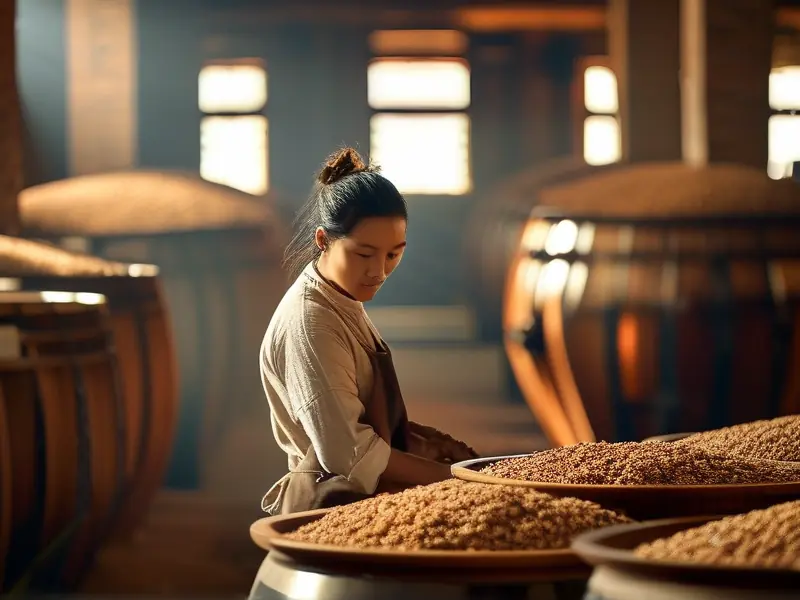 酿酒师检查高粱酒醅的传统酿造过程