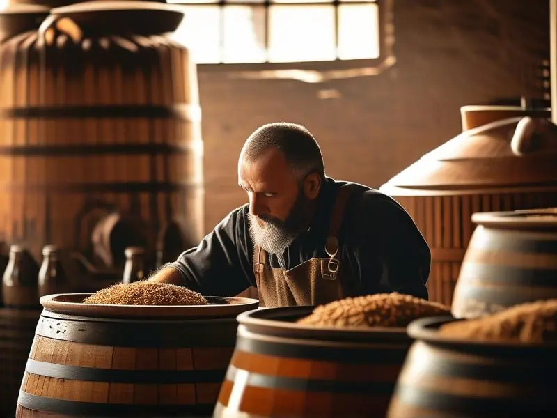 酿酒师检查纯粮白酒发酵过程