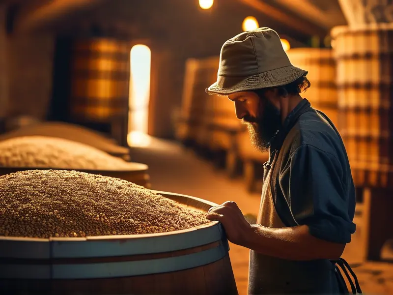 酿酒师检查发酵中的粮食，传统酿酒作坊场景