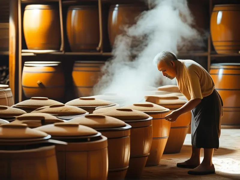 纯粮酒传统酿造过程实拍：老师傅检查粮食发酵状态