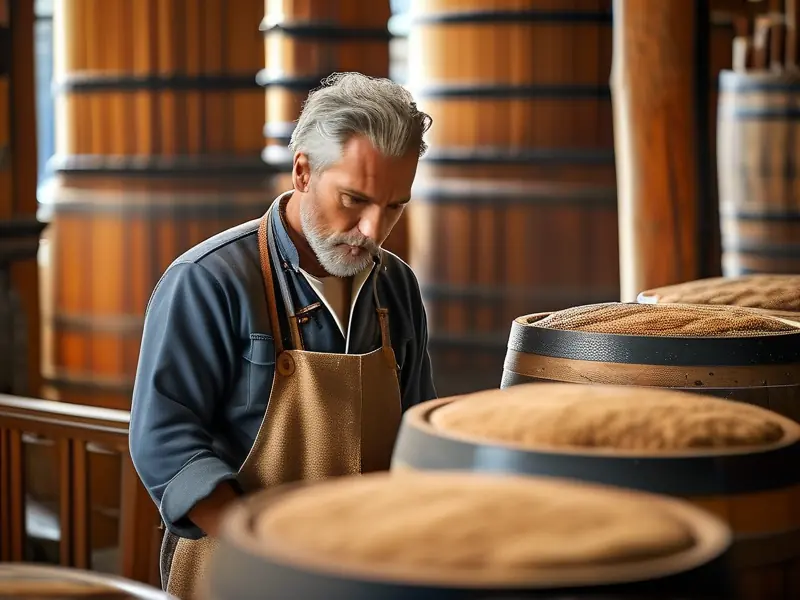传统酿酒师傅检查酒醅
