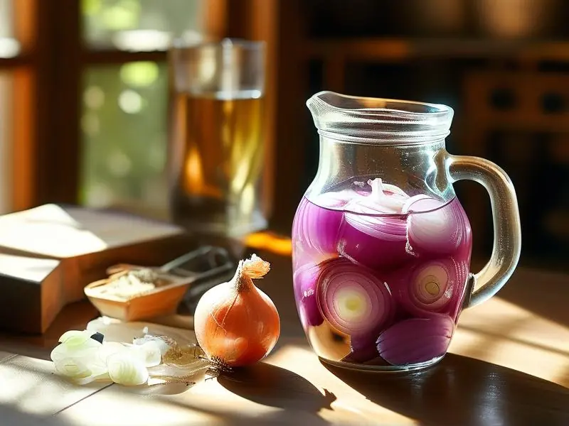 家庭自制葱头酒原料与容器展示图