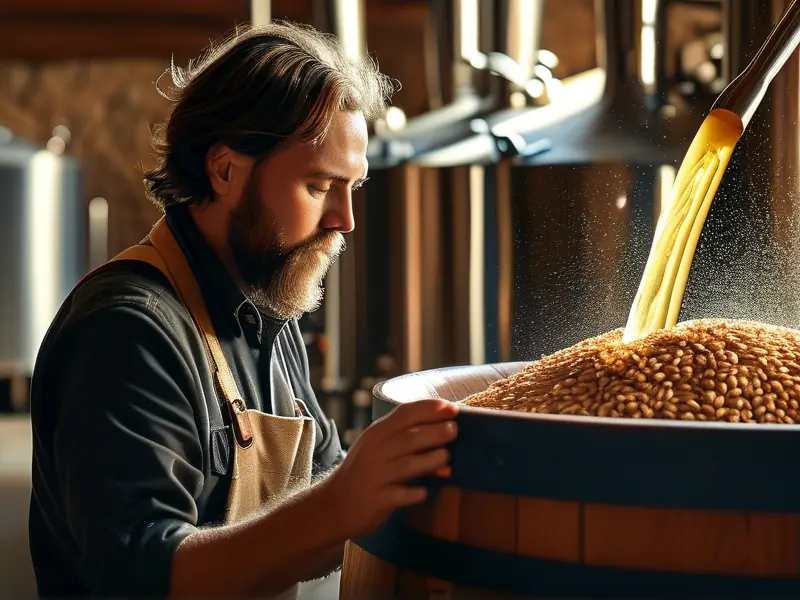 酿酒师检查大麦白酒发酵过程