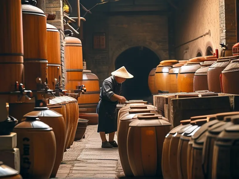 酿酒大师手工酿造年份老酒的传统工艺场景