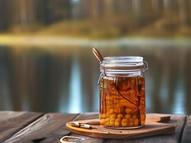 自制钓鱼酒米成品展示及渔具摆放