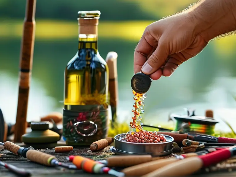 钓鱼爱好者使用麝香酒制作饵料的场景