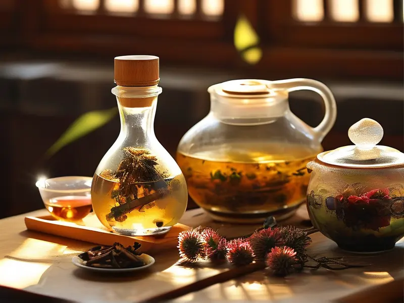 传统中药材浸泡的跌打药酒,玻璃瓶中可见多种草药,液体呈琥珀色