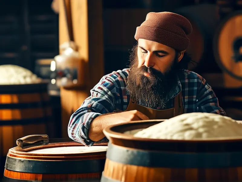 酿酒师检查冬酿酒发酵过程