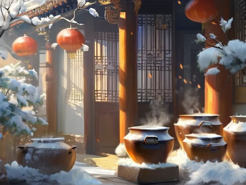 传统庭院中冬日酿造米酒的场景，老师傅正在搅拌酒缸