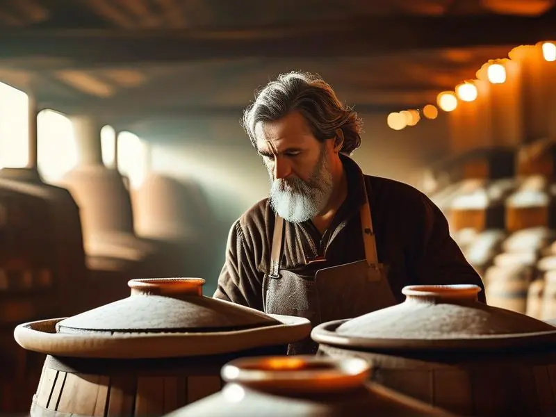 酿酒师检查冬酿酒发酵过程