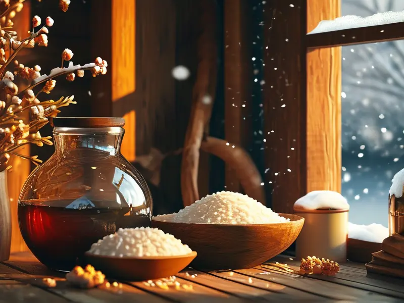 冬季家庭自酿酒原料与工具摆放示意图