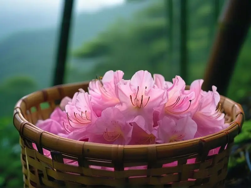 专业酿酒师采摘新鲜杜鹃花用于酿酒的场景