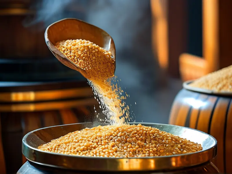 高粱原料倒入酿酒发酵缸的特写