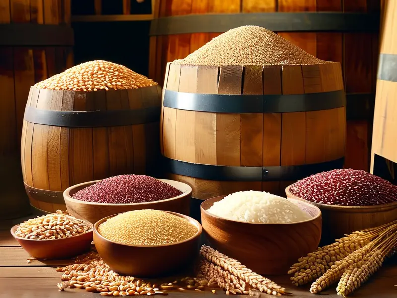 不同种类酿酒粮食与酒桶实拍图