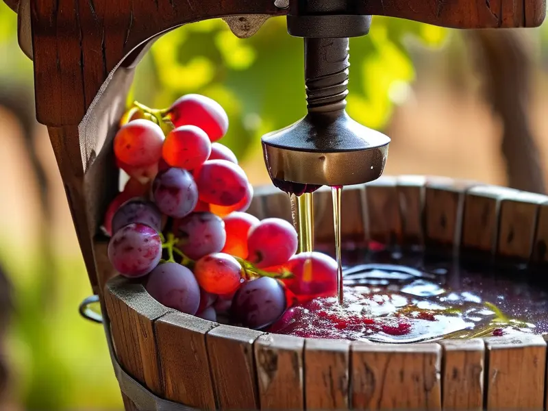 干红葡萄酒酿制过程中的葡萄压榨场景