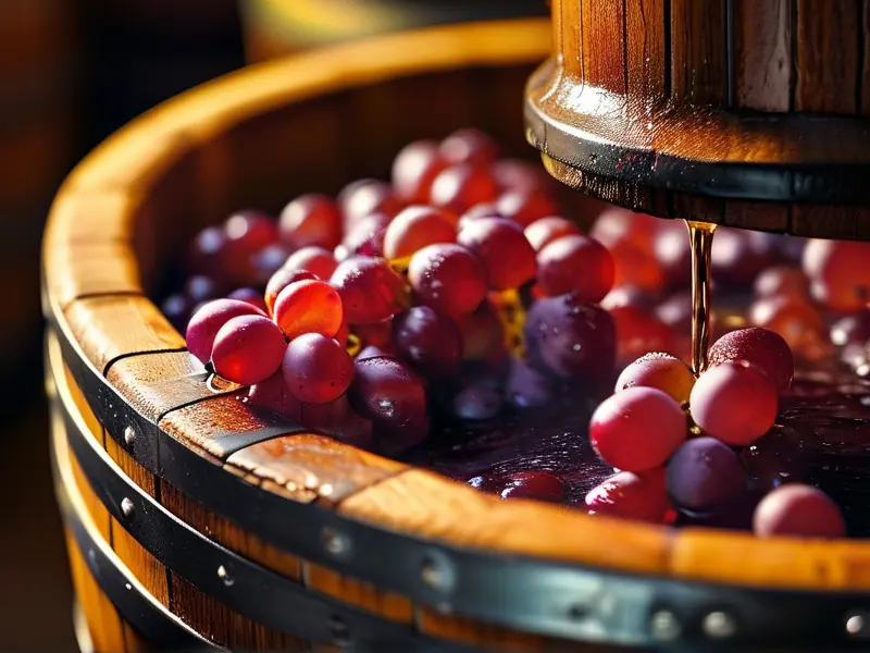传统木桶中压碎红葡萄酿造干红葡萄酒的过程