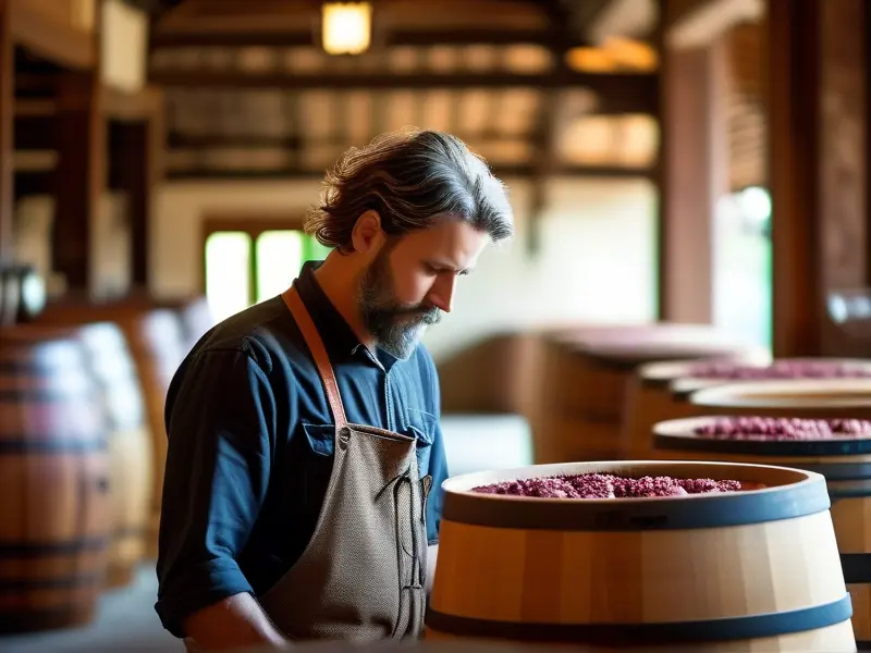 酿酒师检查发酵中的酒醅