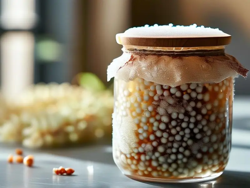 高粱酒发酵过程中产生的白色泡沫与结晶特写