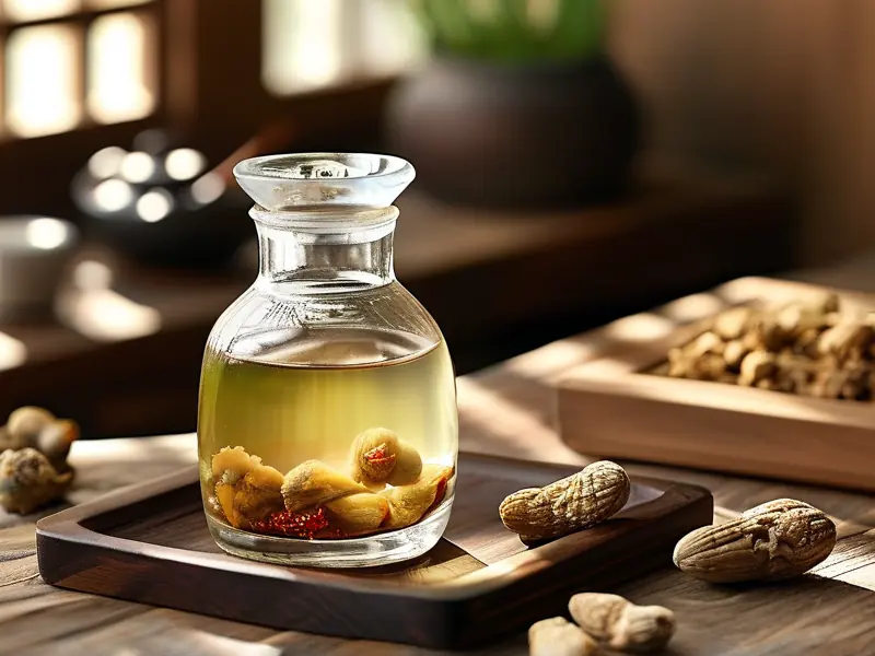 蛤蚧与白酒在玻璃罐中浸泡的传统药酒制作过程