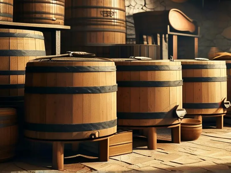 古代酿酒师傅使用传统工具酿造白酒的场景