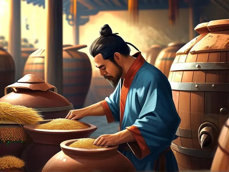 古代酿酒场景，酿酒师用陶罐发酵谷物
