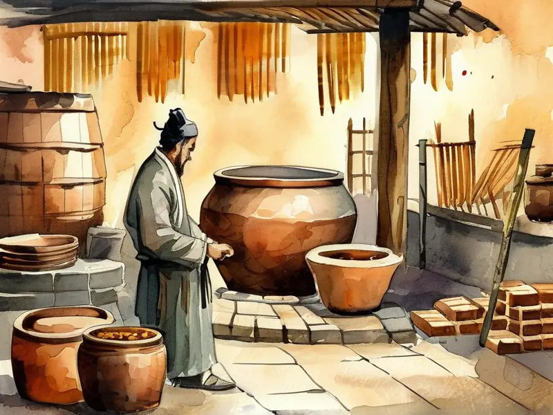 古代工匠使用传统器具酿酒的生动场景