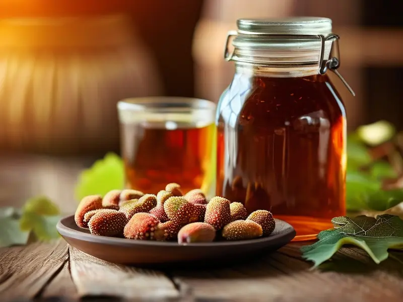 正在发酵的拐枣酒与新鲜拐枣原料特写