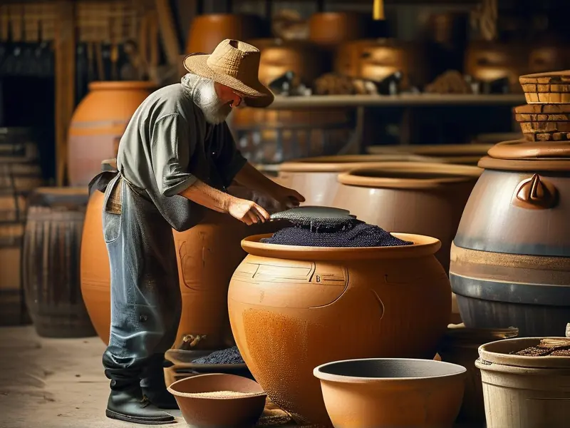 古法酿酒步骤实拍：酿酒师在传统陶缸中搅拌酒醅